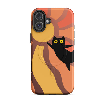 Phone case with a black cat design on an orange and brown abstract background