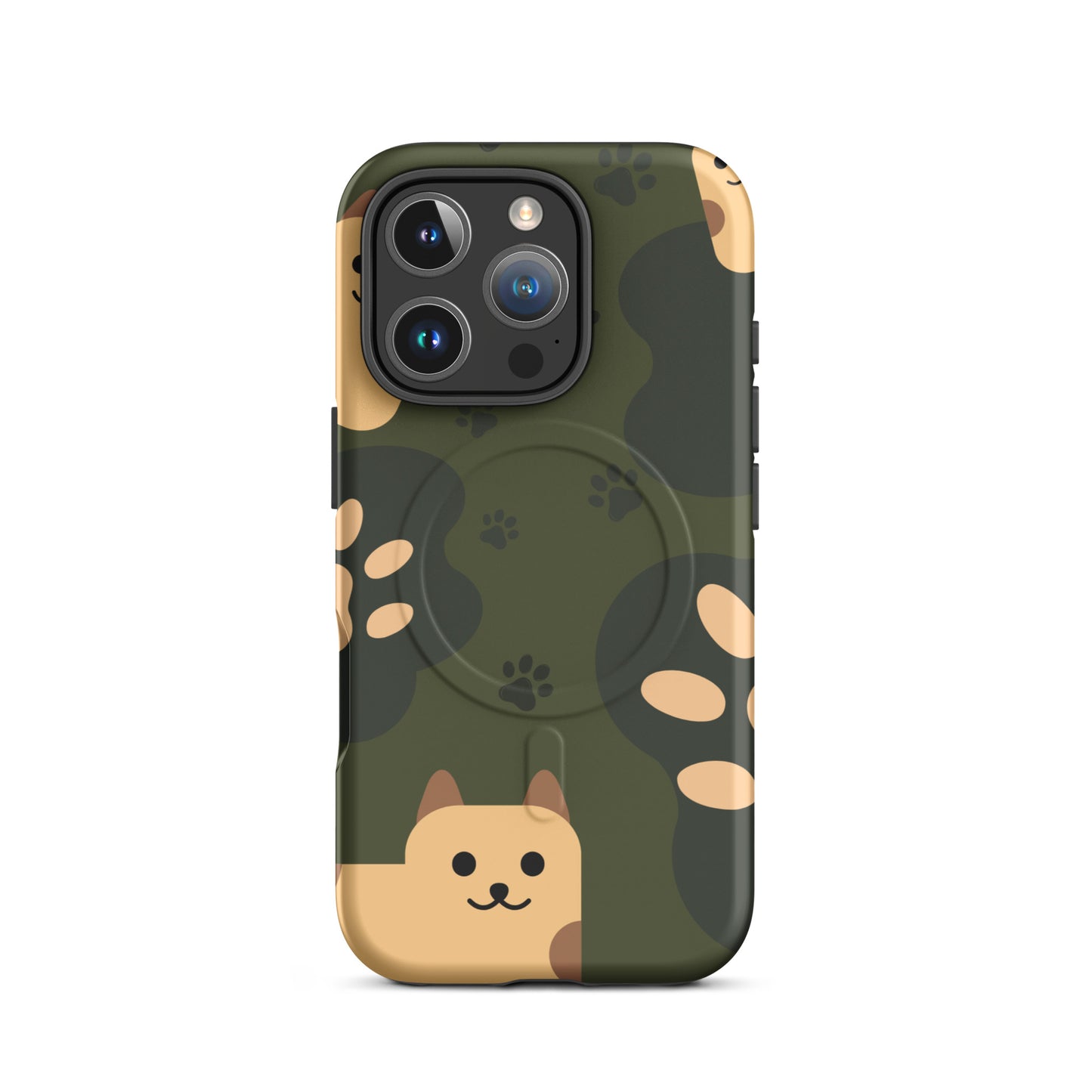 Phone case with a green camouflage pattern and a cute dog illustration on a white background