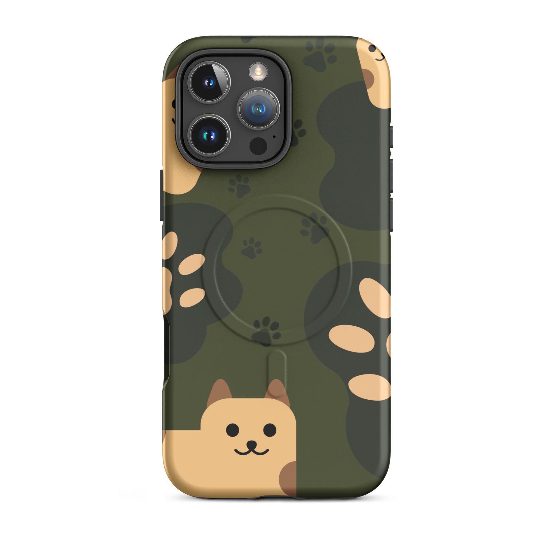 Phone case with a green camouflage pattern and a cute animal design on a white background