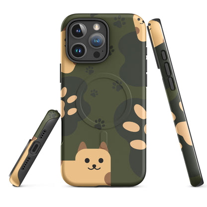 Phone case with cat design and camouflage pattern on a white background