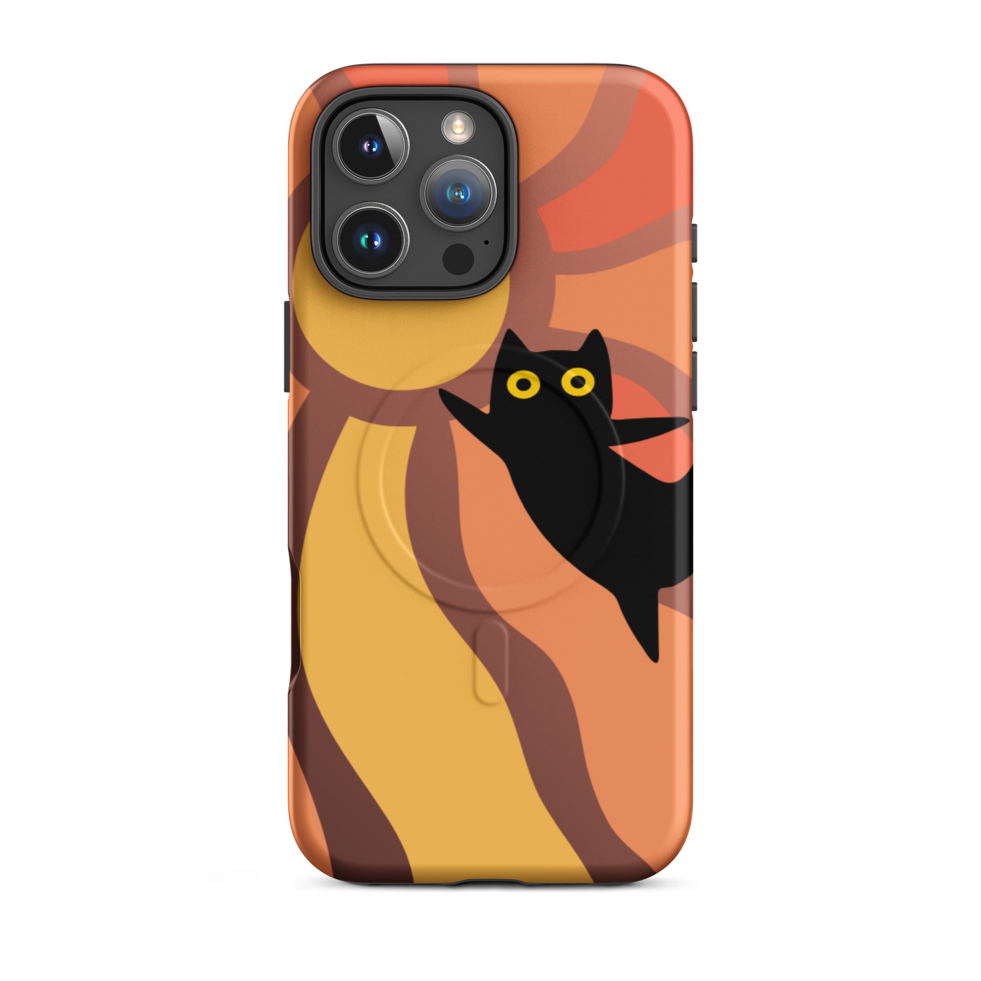 Phone case with a black cat design on an abstract background