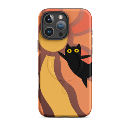 Phone case with a black cat design on an abstract background