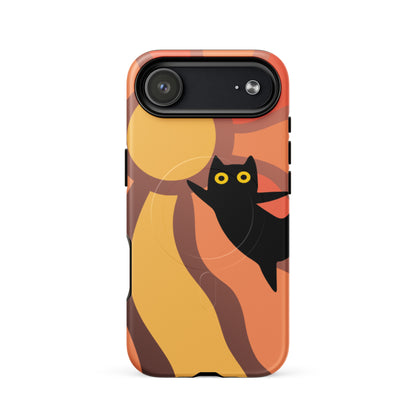 Phone case with a black cat design on an orange and brown background