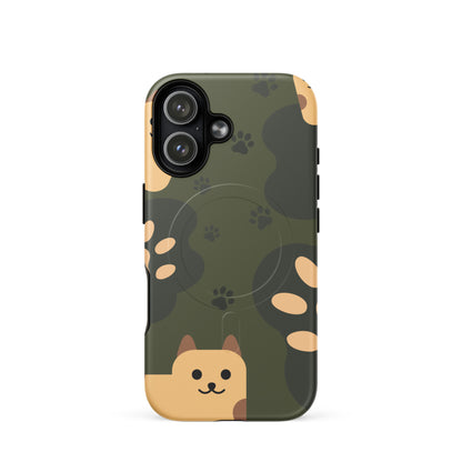 Phone case with cat design and paw prints on a green background