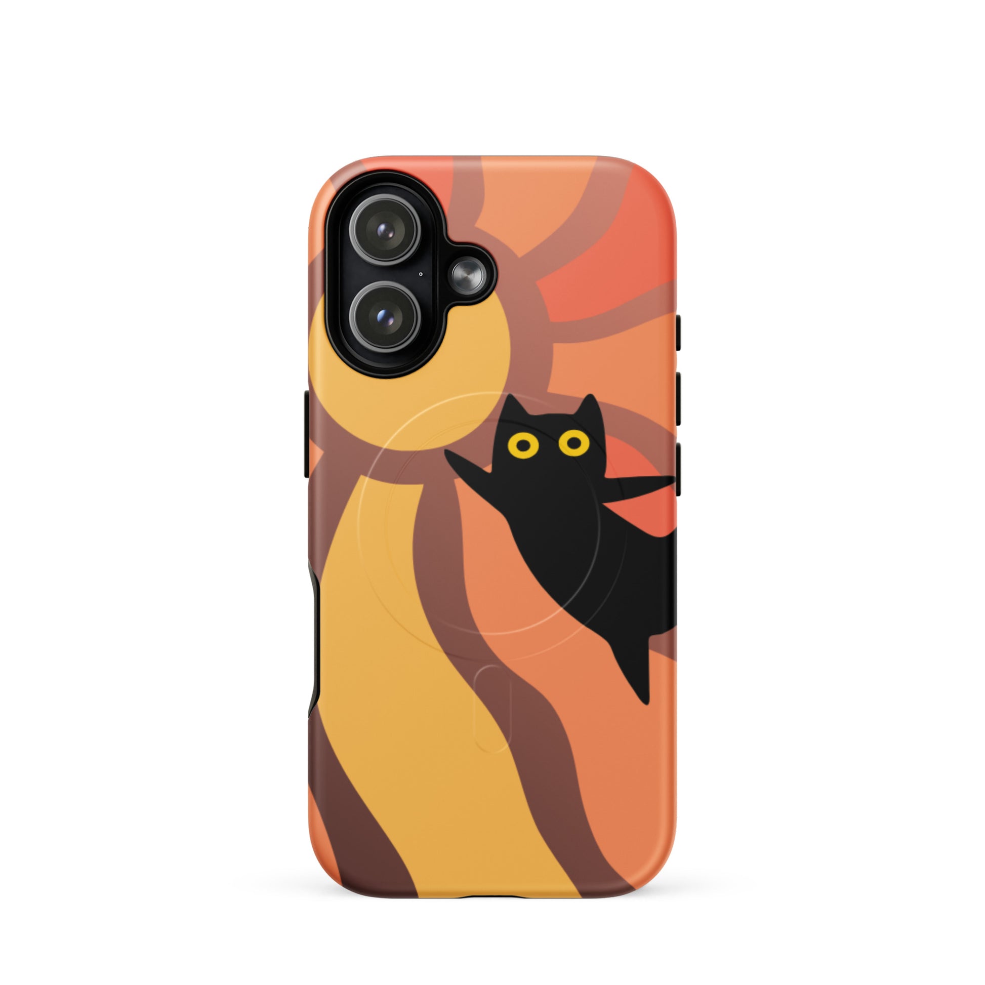 Phone case with a black cat design on an orange and brown abstract background