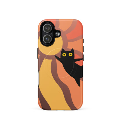 Phone case with a black cat design on an orange and brown abstract background