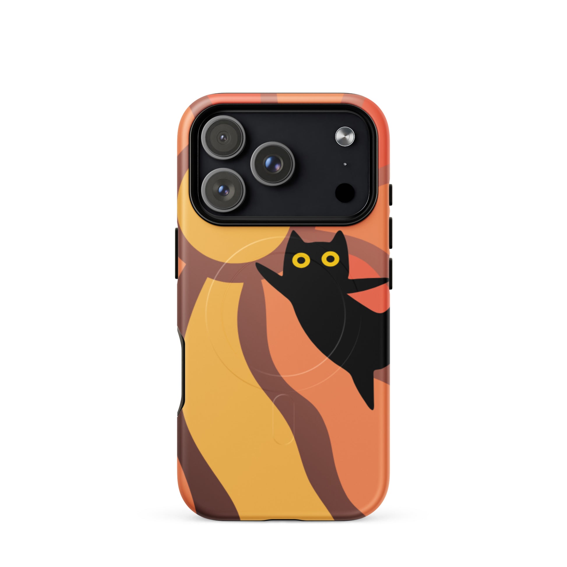 Phone case with a black cat design on an orange and brown striped background