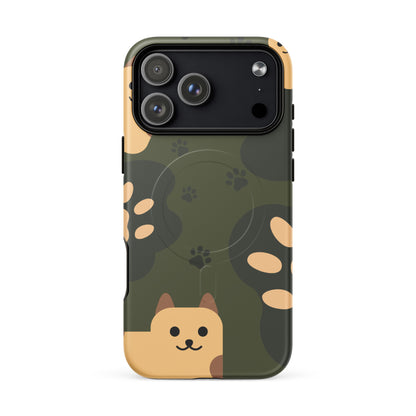 Phone case with a cat design on a green background