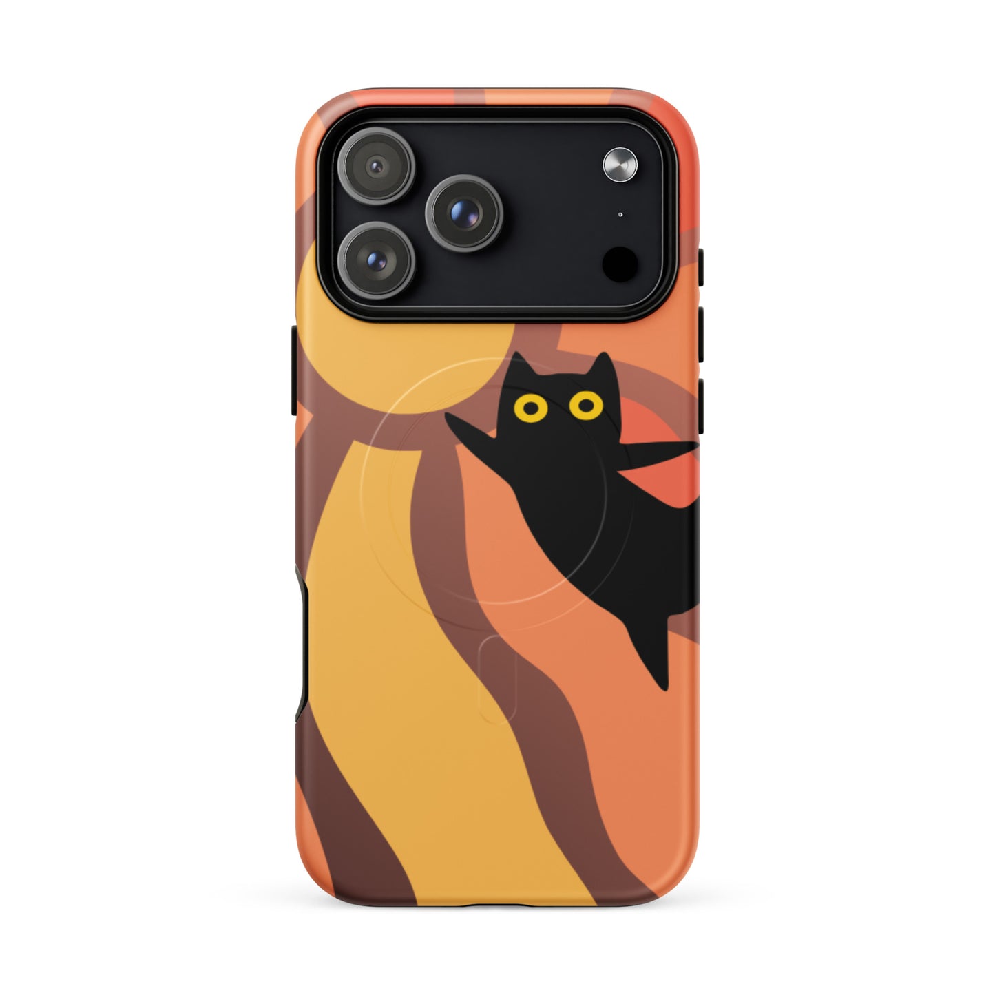 Phone case with a black cat design on an abstract background