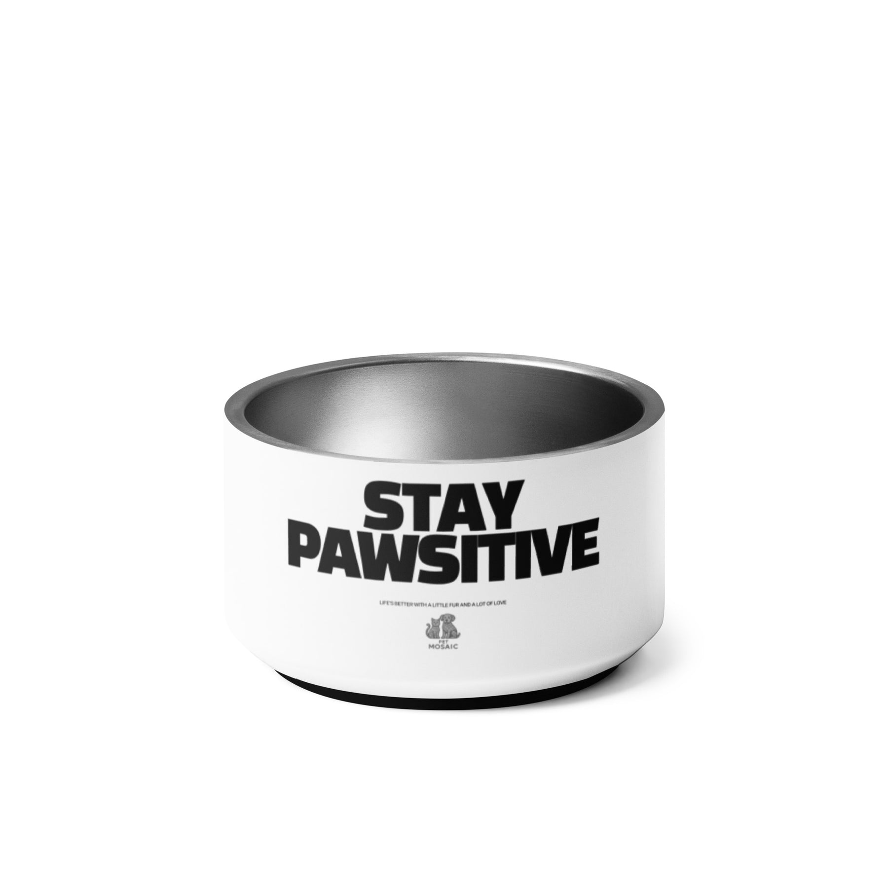White pet bowl with 'Stay Pawsitive' text on a white background