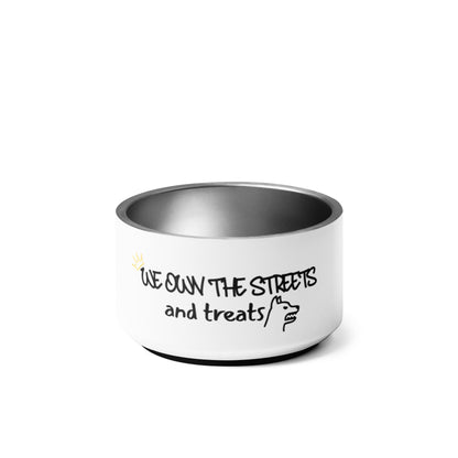White dog bowl with black text on a white background