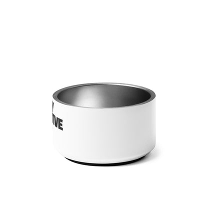 White and silver bowl with 'Stay Pawsitive' branding on a white background