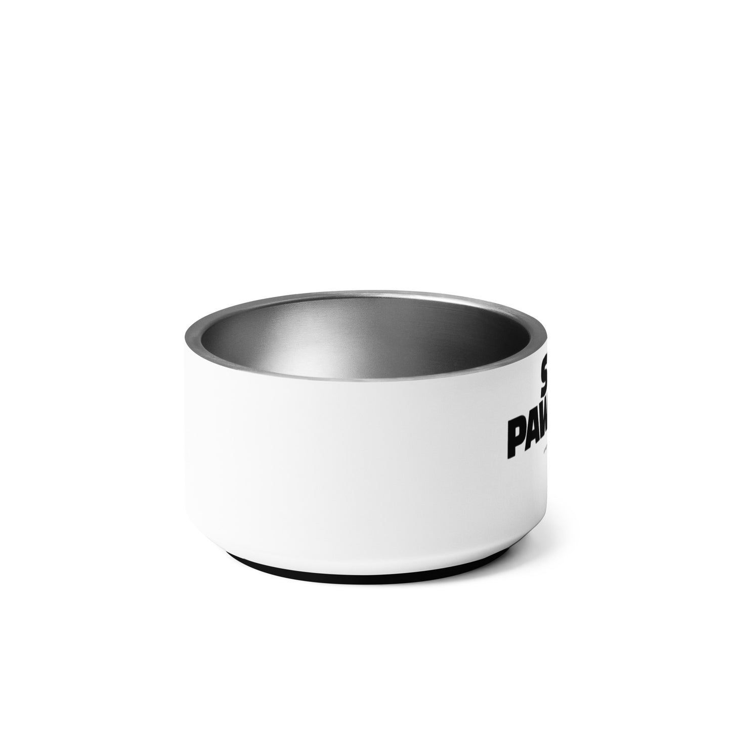 White pet bowl with black text on a white background