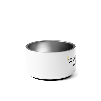 White pet bowl with black text on a white background