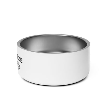 White metal bowl with black text on a white background