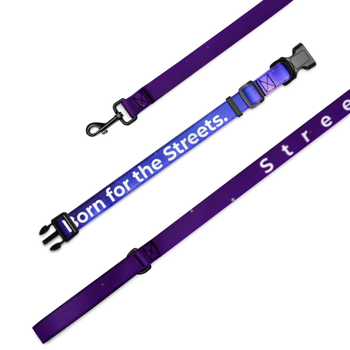 Purple dog leash with 'Born for the Streets' text on a white background