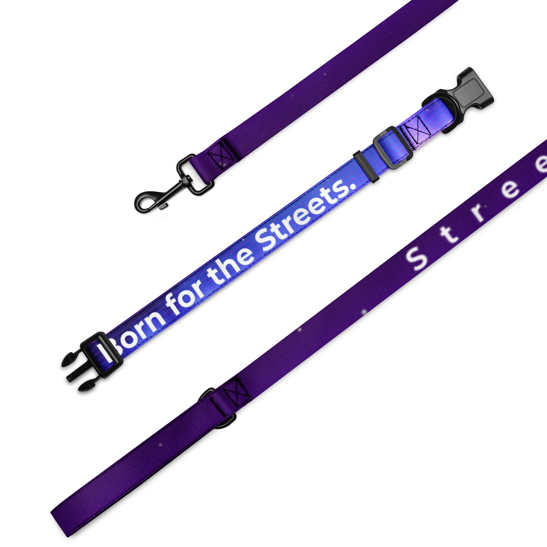 Purple dog leash with 'Born for the Streets' text on a white background