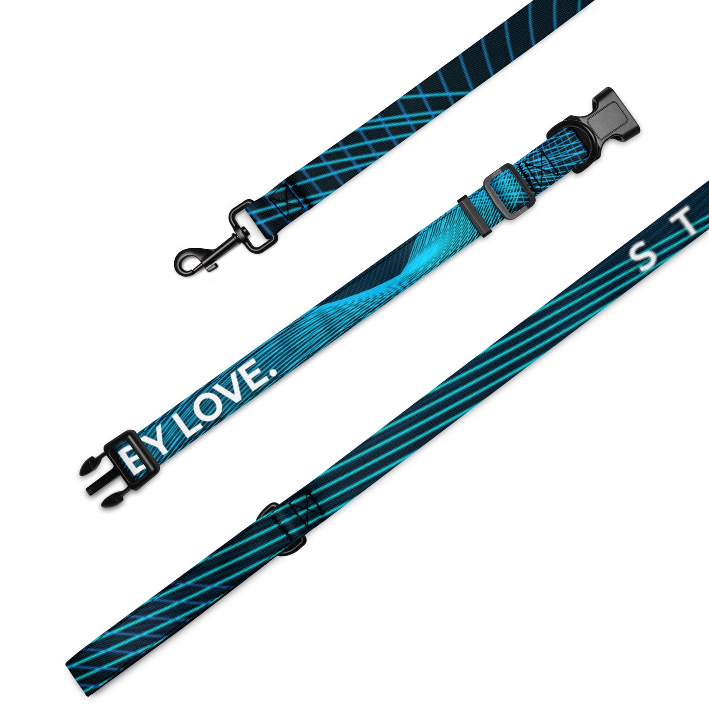 black and blue patterned pet collar and leash set on a white background. The adjustable collar has a black buckle and features the white text 'BOUND BY LOVE!' The leash has black metal hardware and a repeating blue diagonal stripe pattern.