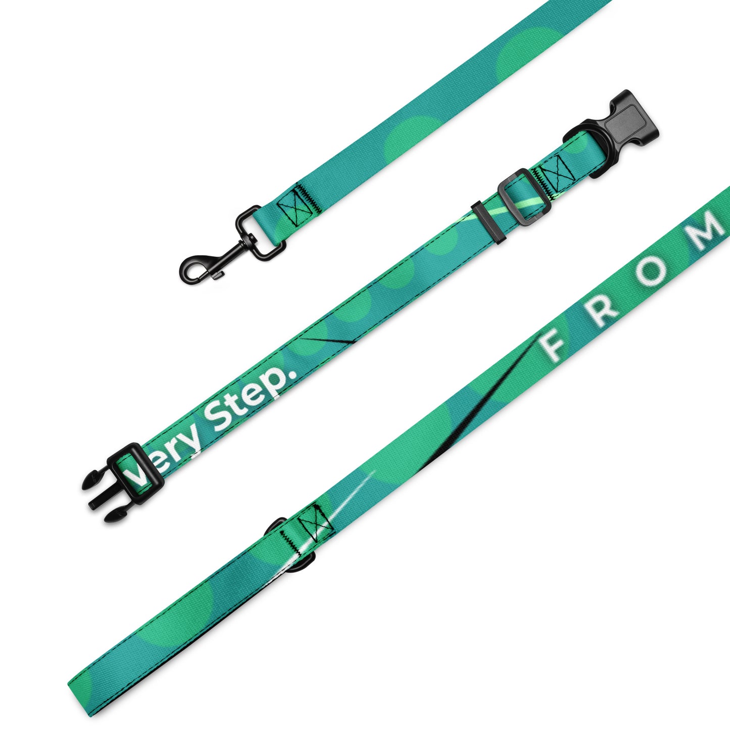 Green dog leash with text on a white background