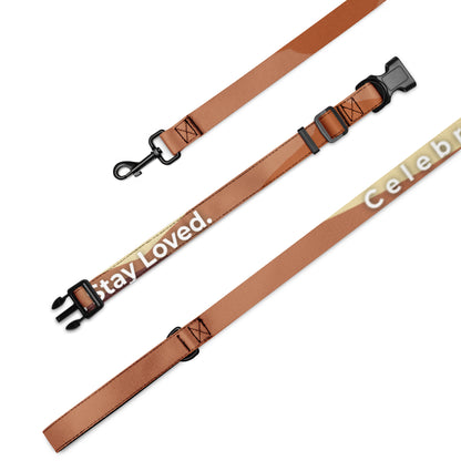 Stay Close Stay Loved pet collar and leash set with black text design on white polyester webbing