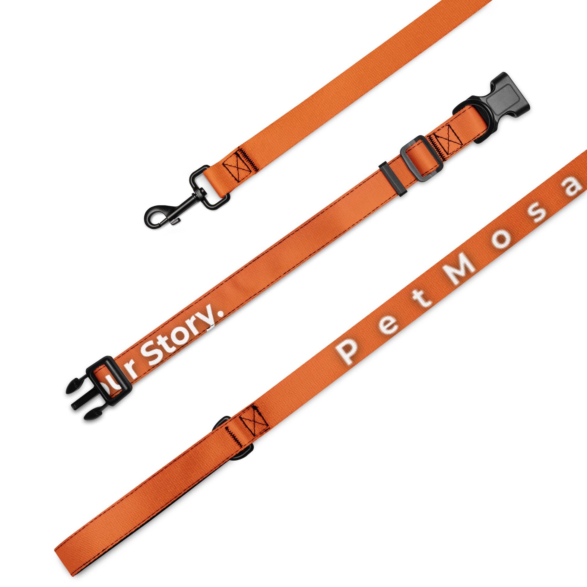 Orange dog leash with text on a white background