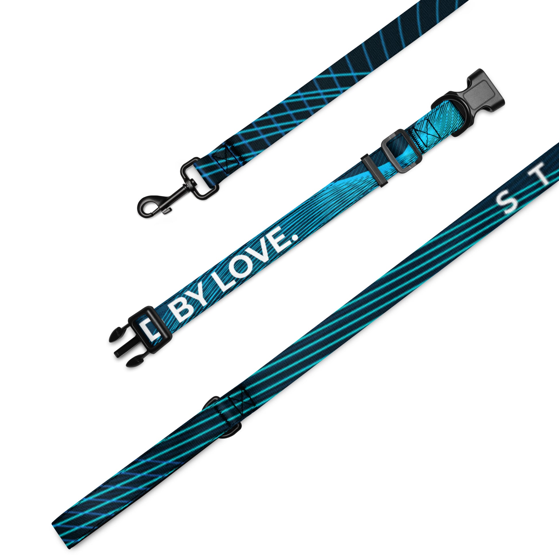 black and blue patterned pet collar and leash set on a white background. The adjustable collar has a black buckle and features the white text 'BOUND BY LOVE!' The leash has black metal hardware and a repeating blue diagonal stripe pattern.