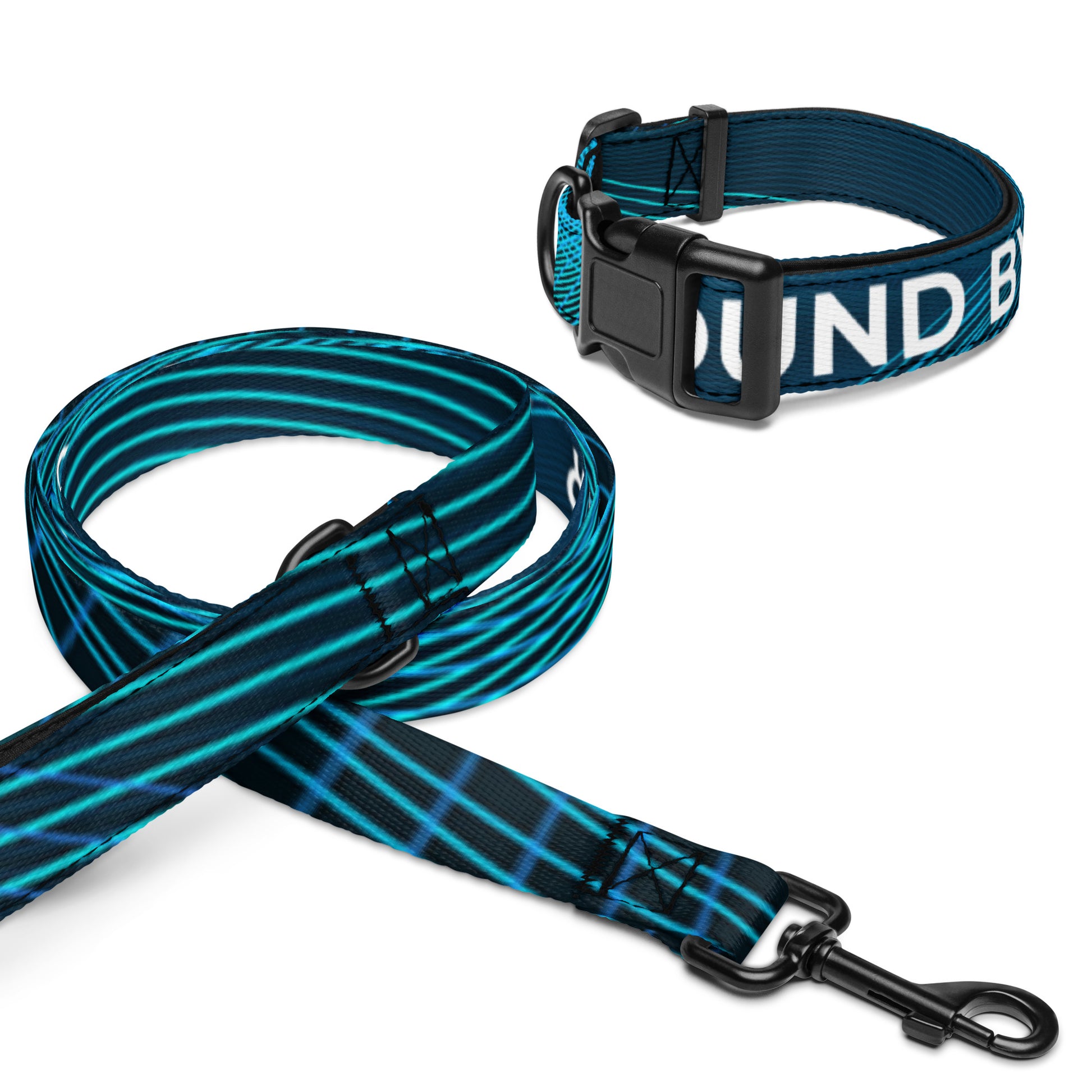 black and blue patterned pet collar and leash set on a white background. The adjustable collar has a black buckle and features the white text 'BOUND BY LOVE!' The leash has black metal hardware and a repeating blue diagonal stripe pattern.