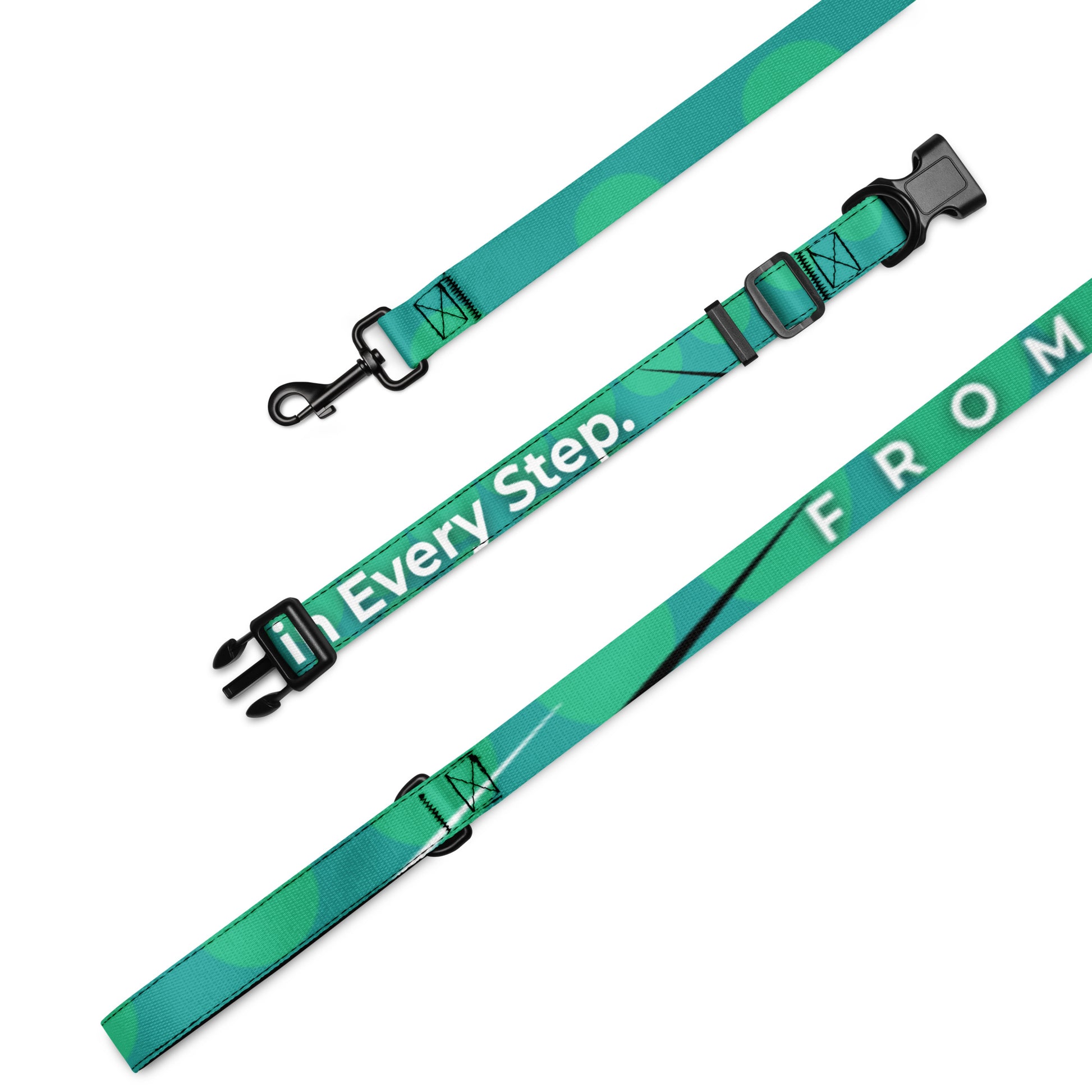 Green dog leash with text on a white background