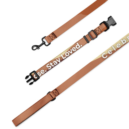 Stay Close Stay Loved pet collar and leash set with black text design on white polyester webbing