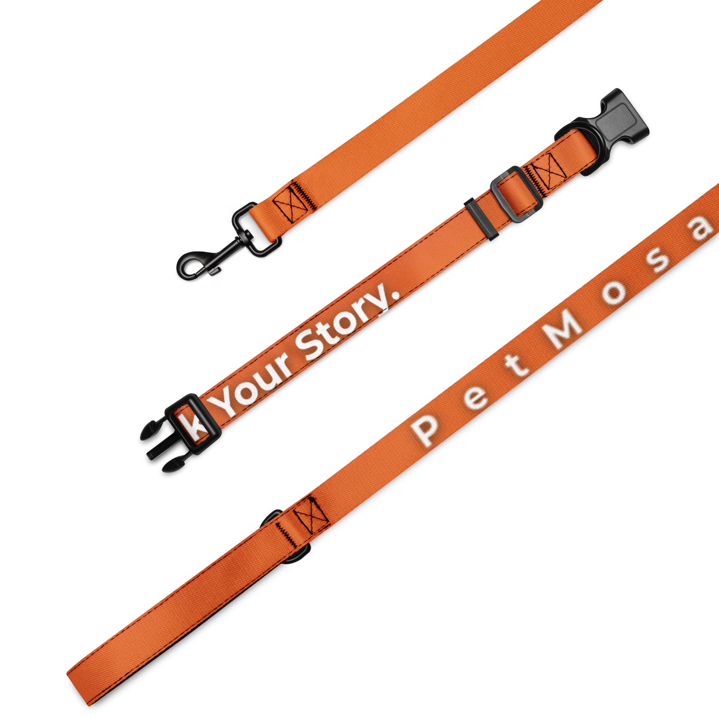 Orange dog leash with text on a white background