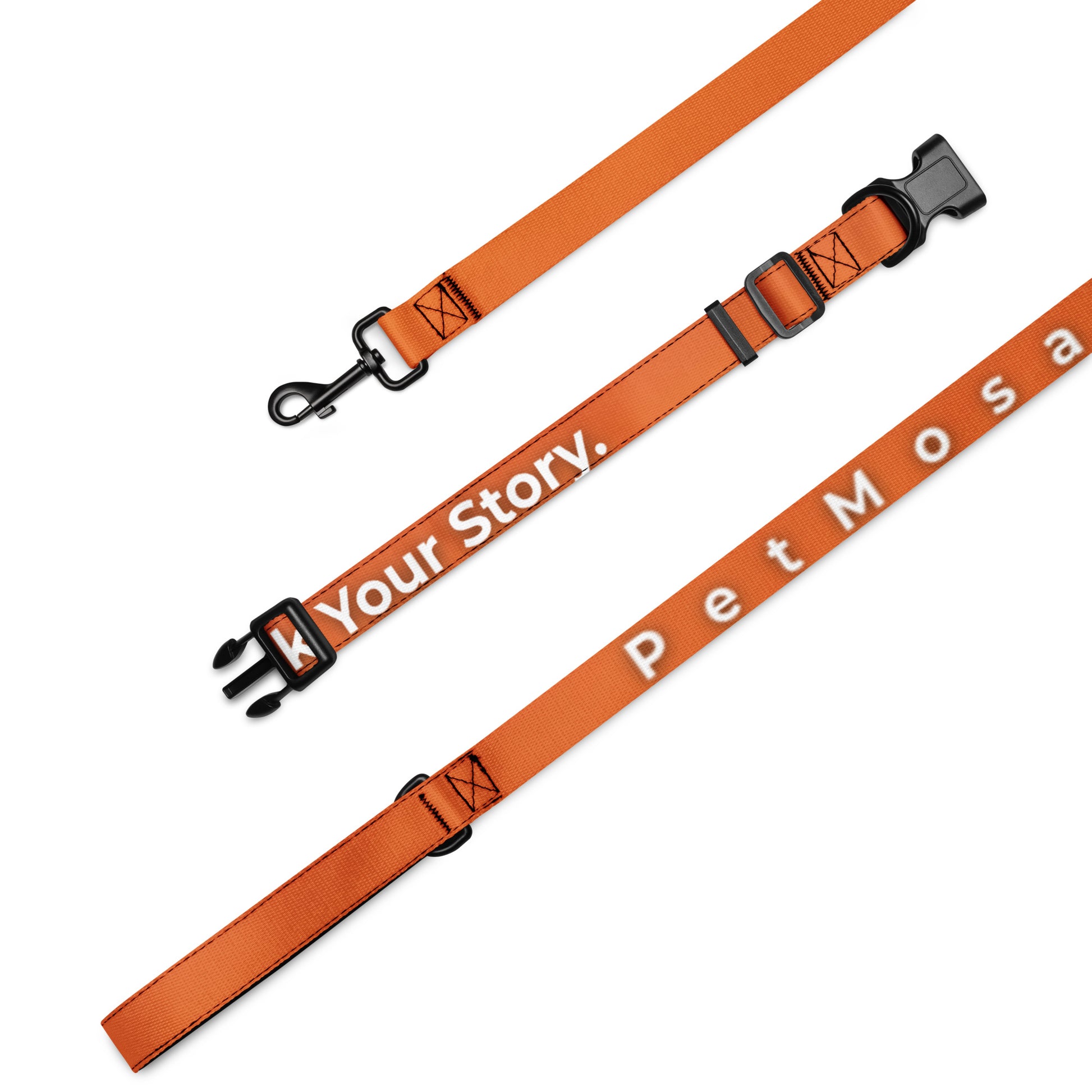 Orange dog leash with text on a white background