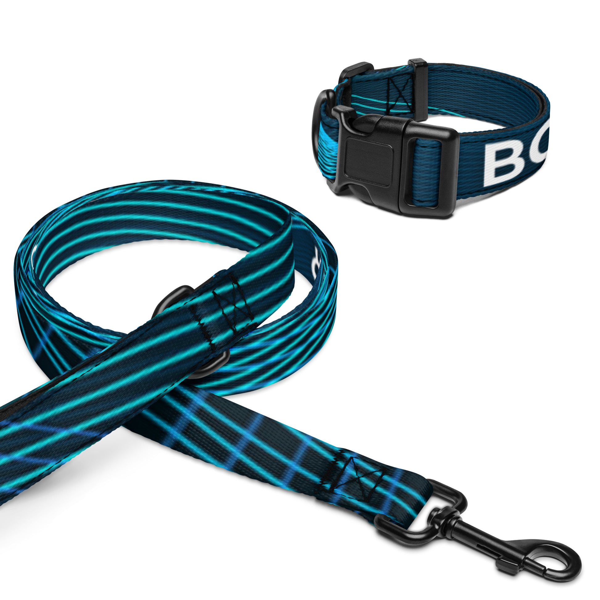 black and blue patterned pet collar and leash set on a white background. The adjustable collar has a black buckle and features the white text 'BOUND BY LOVE!' The leash has black metal hardware and a repeating blue diagonal stripe pattern.