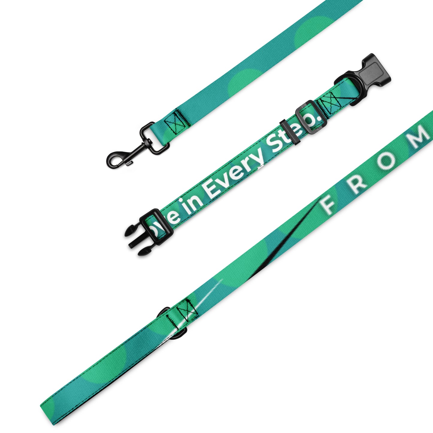 Green dog leash with text on a white background