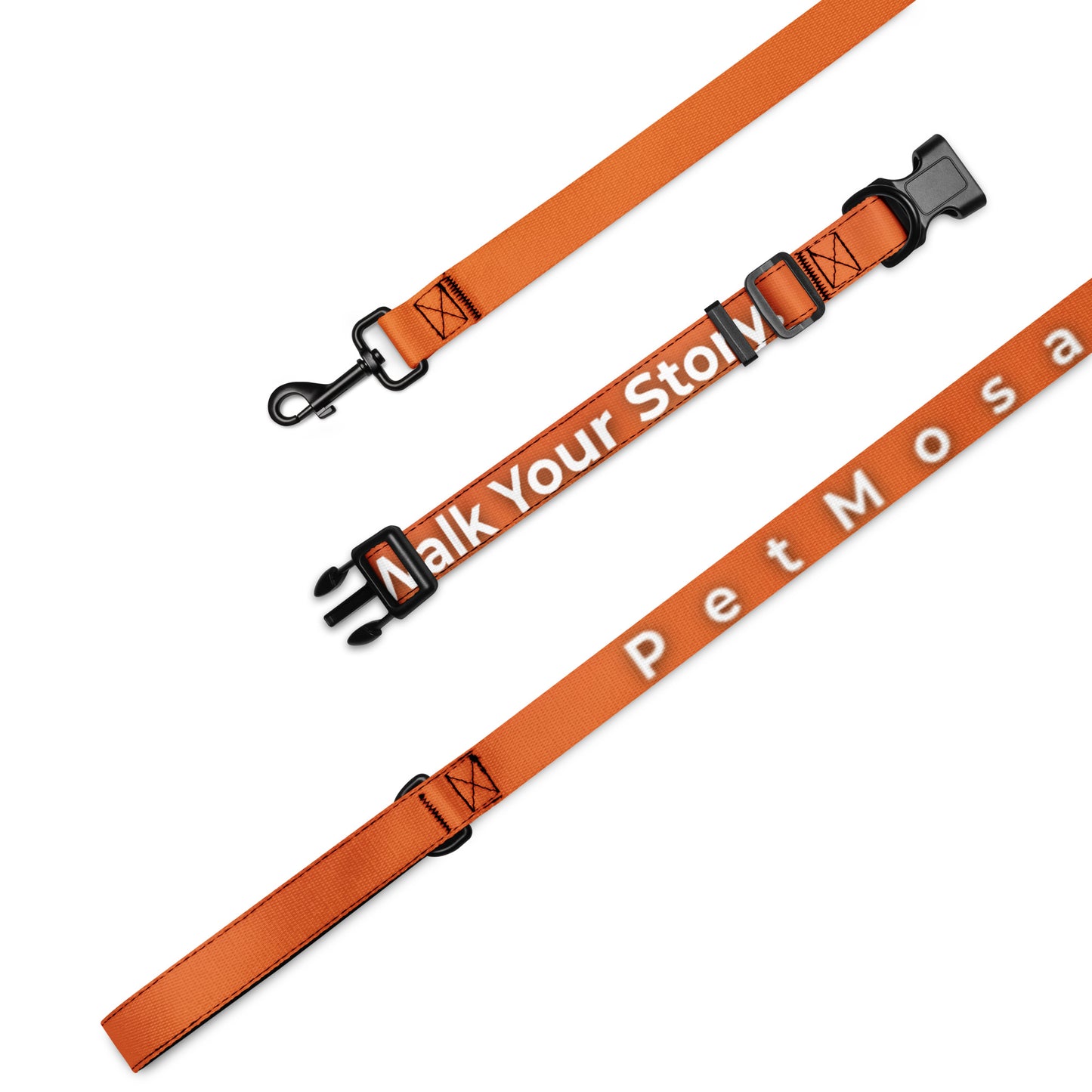 Orange dog leash with text on a white background