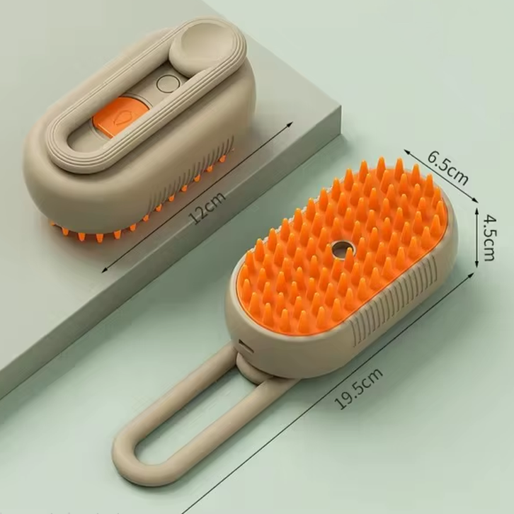 3-in-1 electric pet grooming brush with steam spray technology for dogs and cats. Beige and orange grooming brush with measurements on a light green background.