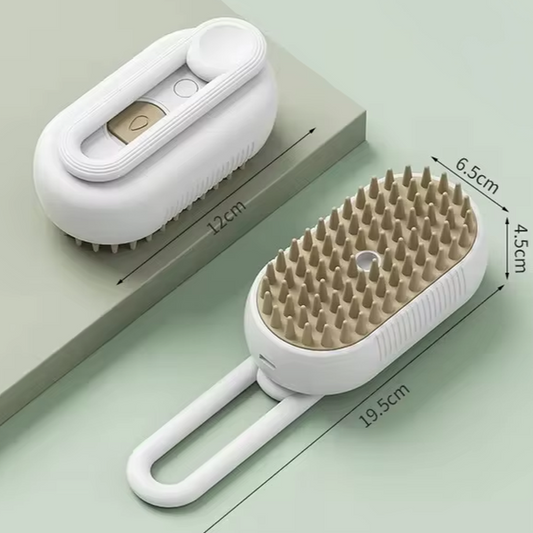 3-in-1 electric pet grooming brush with steam spray technology for dogs and cats. Cleaning brush with dimensions on a light green background.