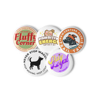 Set of five round, multicolor pin buttons with a glossy finish, each featuring unique pet-themed designs that celebrate adventure, loyalty, and fun. Perfect for pet parents to personalize jackets, bags, hats, and accessories with vibrant, meaningful style. Showcases Pet Mosaic brand pride for pet lovers who value memorable and expressive accessories.