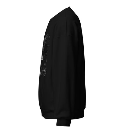 Black sweatshirt with a white graphic on the sleeve against a white background
