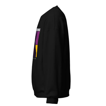 Black sweatshirt with colorful logo on sleeve against a white background