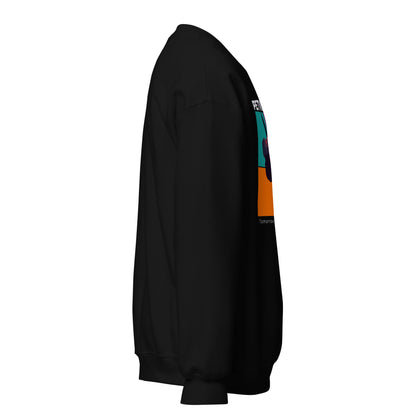Black sweatshirt with colorful design on sleeve against a white background