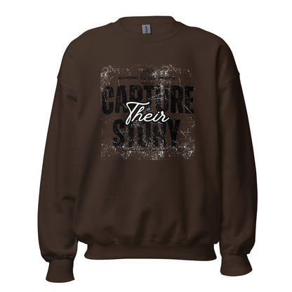 Brown sweatshirt with text 'Capture Their Story' on a white background