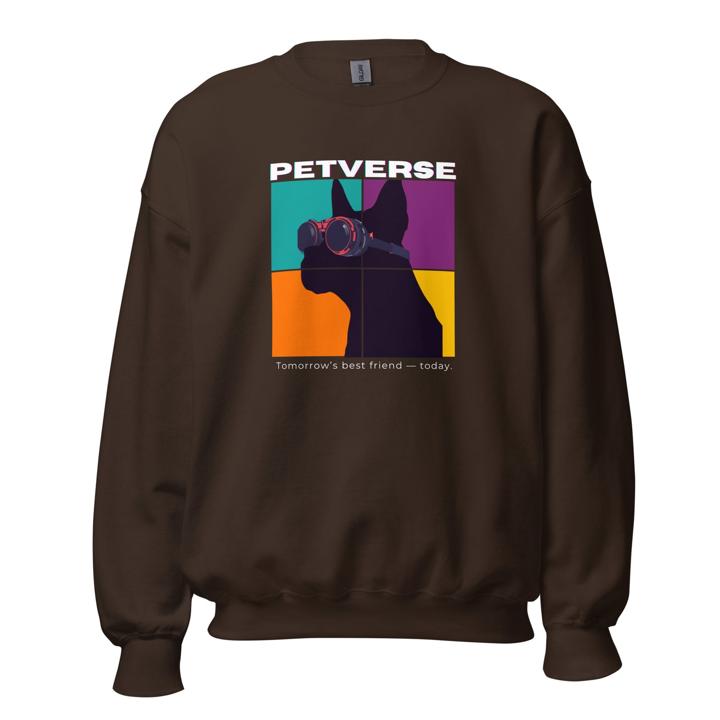 Brown sweatshirt with a colorful graphic and 'PETVERSE' text on a white background