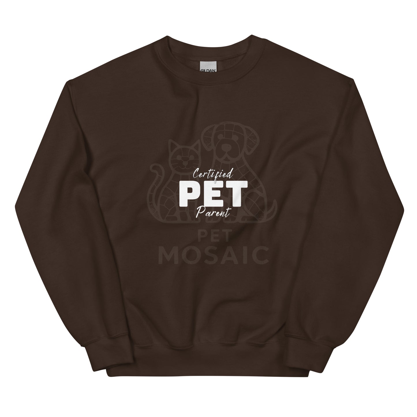 Brown sweatshirt with 'Certified Pet Parent' text and graphics on a white background