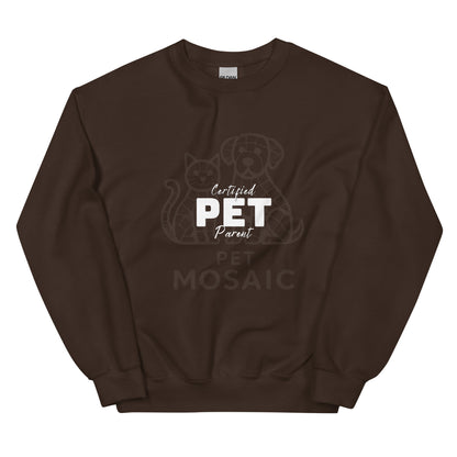 Brown sweatshirt with 'Certified Pet Parent' text and graphics on a white background