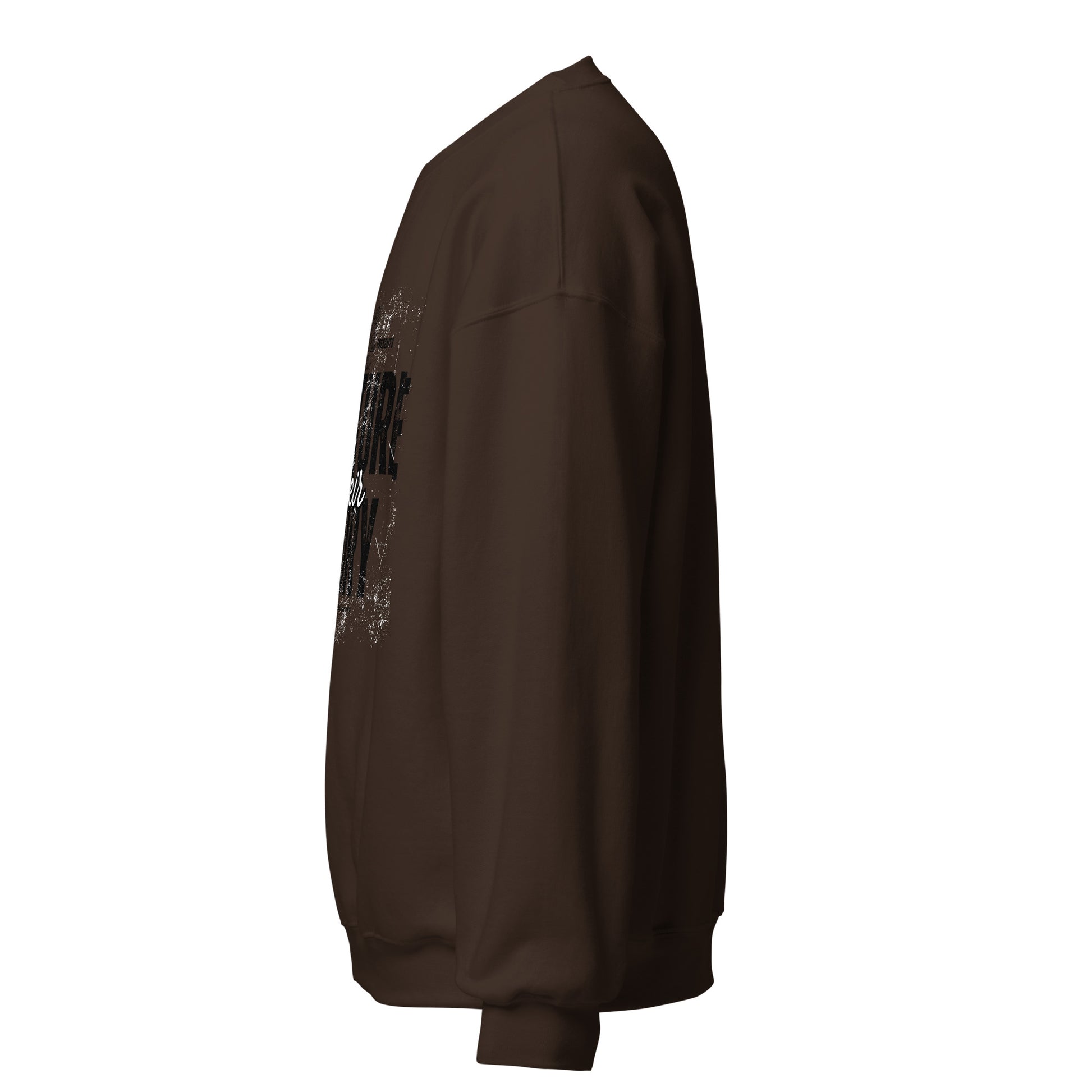 Brown sweatshirt with text on the sleeve against a white background