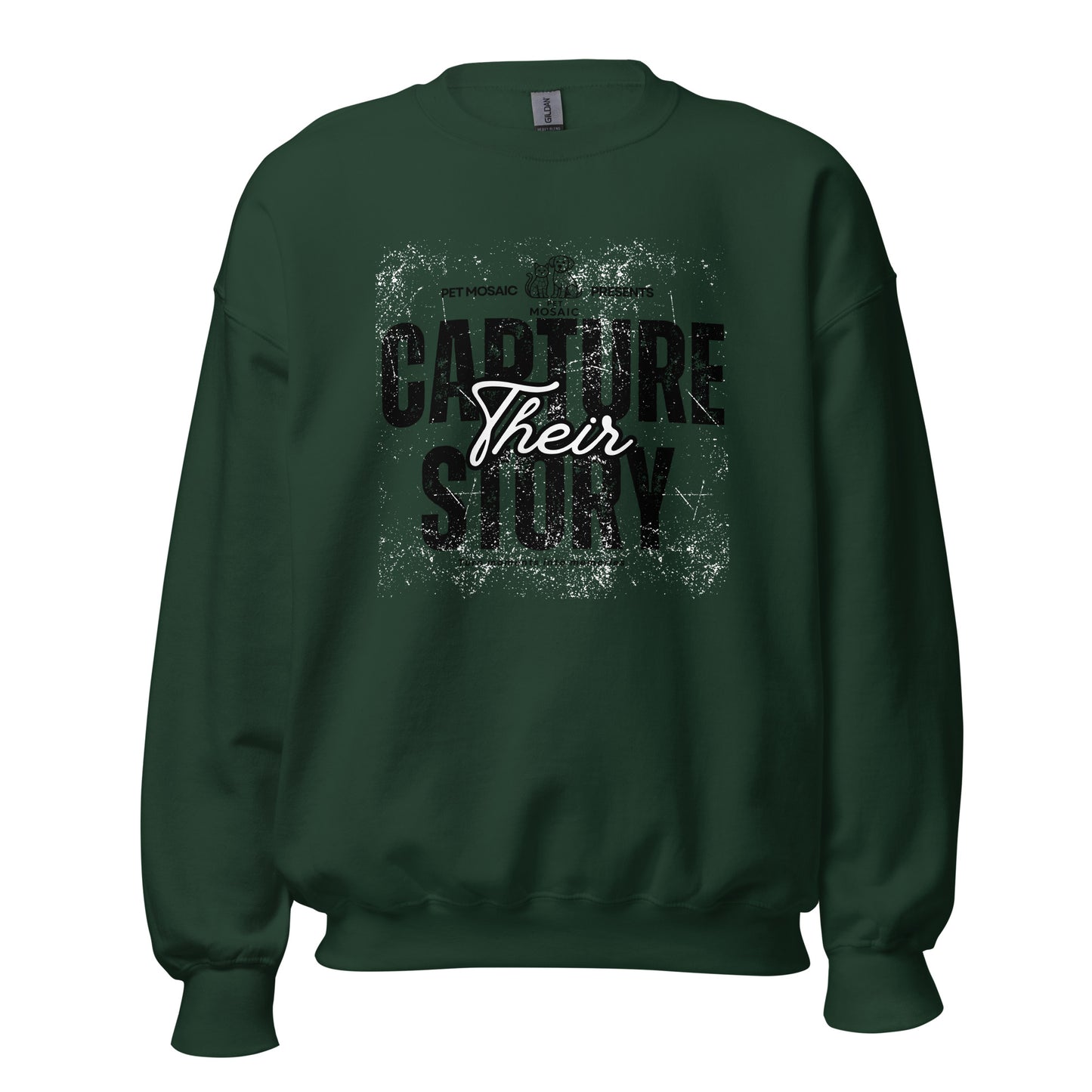 Green sweatshirt with text 'Capture Their Story' on a white background