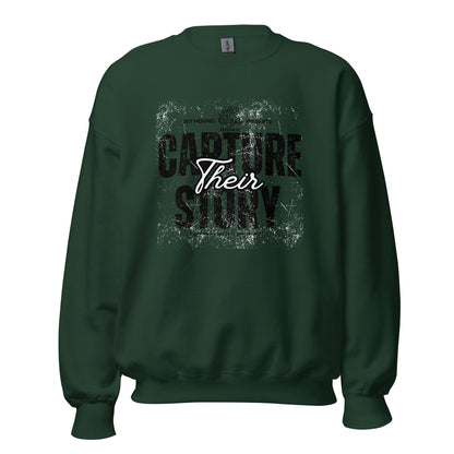 Green sweatshirt with text 'Capture Their Story' on a white background