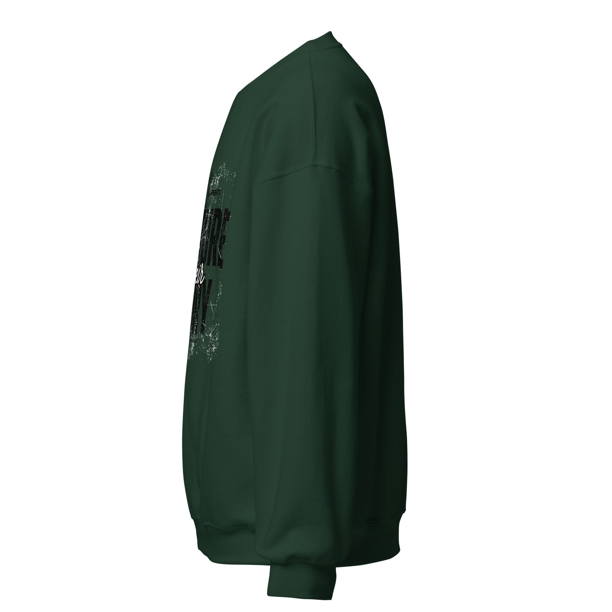 Green sweatshirt with text on the sleeve against a white background