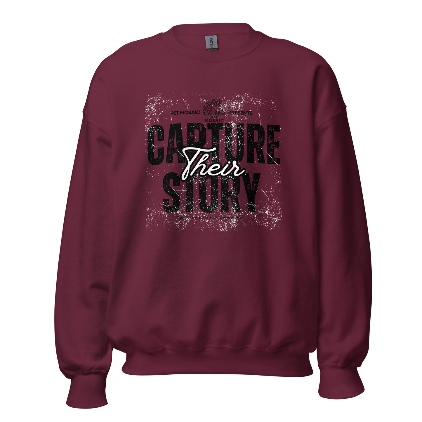 Maroon sweatshirt with 'Capture Their Story' text on a white background