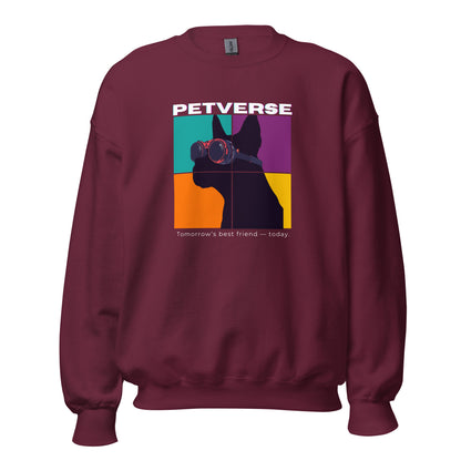 Maroon sweatshirt with a colorful graphic and 'PETVERSE' text on a white background